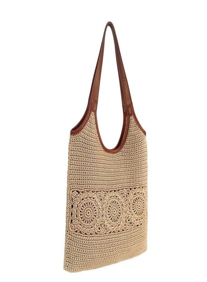 Eiyye Crochet Tote Bag for Women Handmade Flat Woven Shoulder Purse with Wide Leather Straps Lightweight Boho Bag for Shopping Travel Daily Use - Image 1